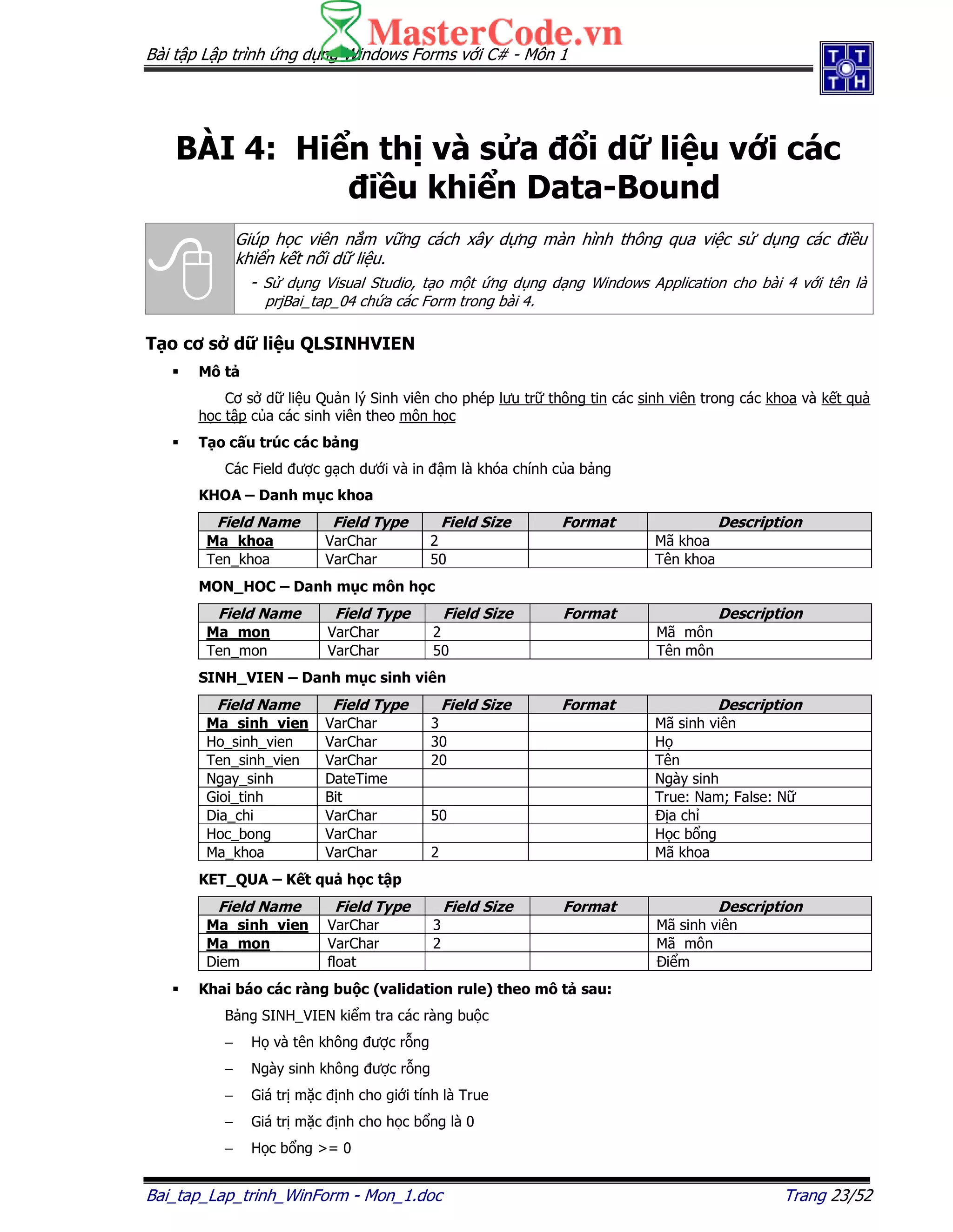 Bài t p L p trình ng d ng Windows Forms v i C# - Môn 1
Bai_tap_Lap_trinh_WinForm - Mon_1.doc Trang 23/52
BÀI 4: Hi n th và s a i d li u v i các
i u khi n Data-Bound
Giúp h c viên n m v ng cách xây d ng màn hình thông qua vi c s d ng các i u
khi n k t n i d li u.
- S d ng Visual Studio, t o m t ng d ng d ng Windows Application cho bài 4 v i tên là
prjBai_tap_04 ch a các Form trong bài 4.
T o cơ s d li u QLSINHVIEN
Mô t
Cơ s d li u Qu n lý Sinh viên cho phép lưu tr thông tin các sinh viên trong các khoa và k t qu
h c t p c a các sinh viên theo môn h c
T o c u trúc các b ng
Các Field ư c g ch dư i và in m là khóa chính c a b ng
KHOA – Danh m c khoa
Field Name Field Type Field Size Format Description
Ma_khoa VarChar 2 Mã khoa
Ten_khoa VarChar 50 Tên khoa
MON_HOC – Danh m c môn h c
Field Name Field Type Field Size Format Description
Ma_mon VarChar 2 Mã môn
Ten_mon VarChar 50 Tên môn
SINH_VIEN – Danh m c sinh viên
Field Name Field Type Field Size Format Description
Ma_sinh_vien VarChar 3 Mã sinh viên
Ho_sinh_vien VarChar 30 H
Ten_sinh_vien VarChar 20 Tên
Ngay_sinh DateTime Ngày sinh
Gioi_tinh Bit True: Nam; False: N
Dia_chi VarChar 50 a ch
Hoc_bong VarChar H c b ng
Ma_khoa VarChar 2 Mã khoa
KET_QUA – K t qu h c t p
Field Name Field Type Field Size Format Description
Ma_sinh_vien VarChar 3 Mã sinh viên
Ma_mon VarChar 2 Mã môn
Diem float i m
Khai báo các ràng bu c (validation rule) theo mô t sau:
B ng SINH_VIEN ki m tra các ràng bu c
− H và tên không ư c r ng
− Ngày sinh không ư c r ng
− Giá tr m c nh cho gi i tính là True
− Giá tr m c nh cho h c b ng là 0
− H c b ng >= 0
 