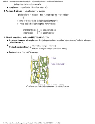 Matérias > Biologia > Citologia > Citoplasma > Composição Química e Bioquímica - Metabolismo

              r celulose ou hemicelulose (raro!)
      q   citoplasma = grânulos de glicogênio (reserva).
 2. Número de células : - unicelulares = leveduras.




 3. Tipo de nutrição: - todos são HETERÓTROFOS.
     q Decompositores       absorção após digestão por enzimas lançadas “externamente” sobre o alimento
       (SAPRÓFITAS).
      q
                                               micorrizas (fungos + raízes)!
          Mutualismo (simbiose)
                                               liquens = fungos + algas (verdes ou azuis).
      q   Predadores           “vermes” terrestres.




                                      Células vegetais (raiz) com micorriza (mutualismo)




file:///C|/html_10emtudo/Biologia/html_biologia_total.htm (115 of 472) [05/10/2001 21:56:13]
 