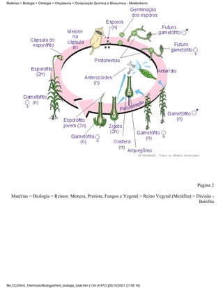 Matérias > Biologia > Citologia > Citoplasma > Composição Química e Bioquímica - Metabolismo




                                                                                                 Página 2

   Matérias > Biologia > Reinos: Monera, Protista, Fungos e Vegetal > Reino Vegetal (Metáfita) > Divisão -
                                                                                                  Briófita




file:///C|/html_10emtudo/Biologia/html_biologia_total.htm (134 of 472) [05/10/2001 21:56:14]
 