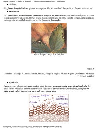 Matérias > Biologia > Citologia > Citoplasma > Composição Química e Bioquímica - Metabolismo

      q   Acúleos.
 São formações epidérmicas rígidas e pontiagudas. São os “espinhos” da roseira, do fruto da mamona, etc.
    q Hidatódios.

 São semelhantes aos estômatos e situados nas margens de certas folhas onde terminam algumas nervuras
 (feixes condutores de seiva). Através deles a planta elimina água na forma líquida, sob condições especiais
 de temperatura e umidade relativa do ar. É o fenômeno da gutação.




                                                 Gotas de água - superfície da folha




                                                                                                   Página 8

  Matérias > Biologia > Reinos: Monera, Protista, Fungos e Vegetal > Reino Vegetal (Metáfita) > Anatomia
                                                                                     > Tecidos Vegetais

      q   Lenticelas.
 Ocorrem especialmente em certos caules, sob a forma de pequenas fendas no tecido suberificado. Sob
 essas fendas há células também suberificadas e células de preenchimento (parênquima), com grandes
 espaços entre elas. Isso garante a troca de gases com o meio.




file:///C|/html_10emtudo/Biologia/html_biologia_total.htm (169 of 472) [05/10/2001 21:56:16]
 