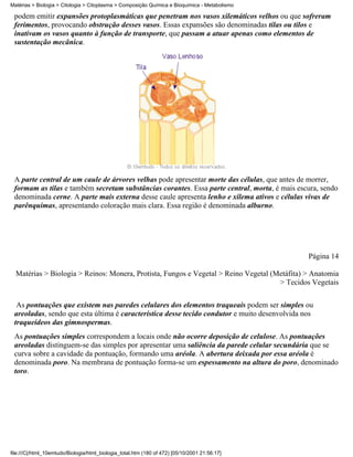 Matérias > Biologia > Citologia > Citoplasma > Composição Química e Bioquímica - Metabolismo

 podem emitir expansões protoplasmáticas que penetram nos vasos xilemáticos velhos ou que sofreram
 ferimentos, provocando obstrução desses vasos. Essas expansões são denominadas tilas ou tilos e
 inativam os vasos quanto à função de transporte, que passam a atuar apenas como elementos de
 sustentação mecânica.




 A parte central de um caule de árvores velhas pode apresentar morte das células, que antes de morrer,
 formam as tilas e também secretam substâncias corantes. Essa parte central, morta, é mais escura, sendo
 denominada cerne. A parte mais externa desse caule apresenta lenho e xilema ativos e células vivas de
 parênquimas, apresentando coloração mais clara. Essa região é denominada alburno.




                                                                                               Página 14

  Matérias > Biologia > Reinos: Monera, Protista, Fungos e Vegetal > Reino Vegetal (Metáfita) > Anatomia
                                                                                     > Tecidos Vegetais

  As pontuações que existem nas paredes celulares dos elementos traqueais podem ser simples ou
 areoladas, sendo que esta última é característica desse tecido condutor e muito desenvolvida nos
 traqueídeos das gimnospermas.
 As pontuações simples correspondem a locais onde não ocorre deposição de celulose. As pontuações
 areoladas distinguem-se das simples por apresentar uma saliência da parede celular secundária que se
 curva sobre a cavidade da pontuação, formando uma aréola. A abertura deixada por essa aréola é
 denominada poro. Na membrana de pontuação forma-se um espessamento na altura do poro, denominado
 toro.




file:///C|/html_10emtudo/Biologia/html_biologia_total.htm (180 of 472) [05/10/2001 21:56:17]
 