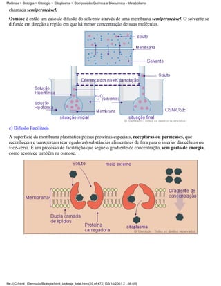 Matérias > Biologia > Citologia > Citoplasma > Composição Química e Bioquímica - Metabolismo

 chamada semipermeável.
 Osmose é então um caso de difusão do solvente através de uma membrana semipermeável. O solvente se
 difunde em direção à região em que há menor concentração de suas moléculas.




 c) Difusão Facilitada
 A superfície da membrana plasmática possui proteínas especiais, receptoras ou permeases, que
 reconhecem e transportam (carregadoras) substâncias alimentares de fora para o interior das células ou
 vice-versa. É um processo de facilitação que segue o gradiente de concentração, sem gasto de energia,
 como acontece também na osmose.




file:///C|/html_10emtudo/Biologia/html_biologia_total.htm (20 of 472) [05/10/2001 21:56:09]
 