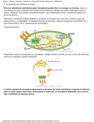 Matérias > Biologia > Citologia > Citoplasma > Composição Química e Bioquímica - Metabolismo

 3. Acumulação dos produtos de síntese
 Diversas substâncias sintetizadas pelos cloroplastos podem ficar em estoque no estroma, como é o
 caso da glicose que se acumula sob a forma de um polímero, o amido, que forma então grãos mais ou
 menos volumosos. Esse amido acumulado durante o dia e hidrolisado à noite, caminha na planta sob a
 forma de glicose.
 Pigmentos carotenóides podem também se acumular no estroma, mas, esse caso, verifica-se que seu
 aparecimento é acompanhado do desaparecimento da clorofila: o plasto carregado de carotenóide não é
 mais fotossintético, ele se transforma em cromoplasto.
 Visualização geral:




 Poderíamos, então, nos perguntar se o cloroplasto íntegro contém clorofila, por que motivo não fluoresce
 (emite luz vermelha), quando iluminado?




 A análise química do cloroplasto demonstrou a presença de várias substâncias aceptoras de elétrons,
 entre as quais alguns citocromos. Determinou-se então que, no cloroplasto iluminado, deve ocorrer
 algo semelhante ao esquema abaixo.




file:///C|/html_10emtudo/Biologia/html_biologia_total.htm (234 of 472) [05/10/2001 21:56:19]
 
