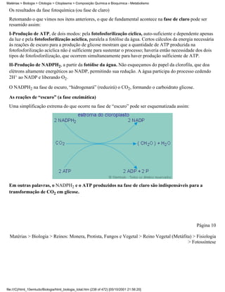 Matérias > Biologia > Citologia > Citoplasma > Composição Química e Bioquímica - Metabolismo

 Os resultados da fase fotoquímica (ou fase de claro)
 Retomando o que vimos nos itens anteriores, o que de fundamental acontece na fase de claro pode ser
 resumido assim:
 I-Produção de ATP, de dois modos: pela fotofosforilização cíclica, auto-suficiente e dependente apenas
 da luz e pela fotofosforilização acíclica, paralela a fotólise da água. Certos cálculos da energia necessária
 às reações de escuro para a produção de glicose mostram que a quantidade de ATP produzida na
 fotofosforilização acíclica não é sulficiente para sustentar o processo; haveria então necessidade dos dois
 tipos de fotofosforilização, que ocorrem simultaneamente para haver produção sulficiente de ATP.
 II-Produção de NADPH2, a partir da fotólise da água. Não esqueçamos do papel da clorofila, que doa
 elétrons altamente energéticos ao NADP, permitindo sua redução. A água participa do processo cedendo
 2H+ ao NADP e liberando O2.

 O NADPH2 na fase de escuro, “hidrogenará” (reduzirá) o CO2, formando o carboidrato glicose.

 As reações de “escuro” (a fase enzimática)
 Uma simplificação extrema do que ocorre na fase de “escuro” pode ser esquematizada assim:




 Em outras palavras, o NADPH2 e o ATP produzidos na fase de claro são indispensáveis para a
 transformação de CO2 em glicose.




                                                                                                    Página 10

  Matérias > Biologia > Reinos: Monera, Protista, Fungos e Vegetal > Reino Vegetal (Metáfita) > Fisiologia
                                                                                           > Fotossíntese




file:///C|/html_10emtudo/Biologia/html_biologia_total.htm (238 of 472) [05/10/2001 21:56:20]
 