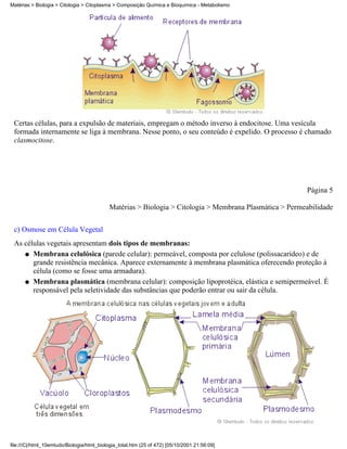 Matérias > Biologia > Citologia > Citoplasma > Composição Química e Bioquímica - Metabolismo




 Certas células, para a expulsão de materiais, empregam o método inverso à endocitose. Uma vesícula
 formada internamente se liga à membrana. Nesse ponto, o seu conteúdo é expelido. O processo é chamado
 clasmocitose.




                                                                                                         Página 5

                                            Matérias > Biologia > Citologia > Membrana Plasmática > Permeabilidade

 c) Osmose em Célula Vegetal
 As células vegetais apresentam dois tipos de membranas:
    q Membrana celulósica (parede celular): permeável, composta por celulose (polissacarídeo) e de
       grande resistência mecânica. Aparece externamente à membrana plasmática oferecendo proteção à
       célula (como se fosse uma armadura).
    q Membrana plasmática (membrana celular): composição lipoprotéica, elástica e semipermeável. É
       responsável pela seletividade das substâncias que poderão entrar ou sair da célula.




file:///C|/html_10emtudo/Biologia/html_biologia_total.htm (25 of 472) [05/10/2001 21:56:09]
 