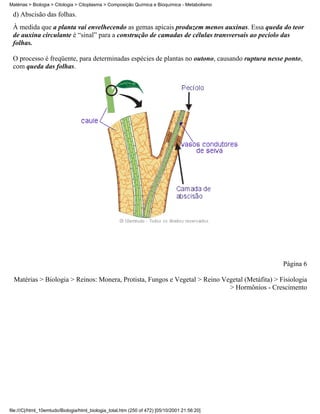 Matérias > Biologia > Citologia > Citoplasma > Composição Química e Bioquímica - Metabolismo

 d) Abscisão das folhas.
 À medida que a planta vai envelhecendo as gemas apicais produzem menos auxinas. Essa queda do teor
 de auxina circulante é “sinal” para a construção de camadas de células transversais ao pecíolo das
 folhas.

 O processo é freqüente, para determinadas espécies de plantas no outono, causando ruptura nesse ponto,
 com queda das folhas.




                                                                                                 Página 6

  Matérias > Biologia > Reinos: Monera, Protista, Fungos e Vegetal > Reino Vegetal (Metáfita) > Fisiologia
                                                                             > Hormônios - Crescimento




file:///C|/html_10emtudo/Biologia/html_biologia_total.htm (250 of 472) [05/10/2001 21:56:20]
 
