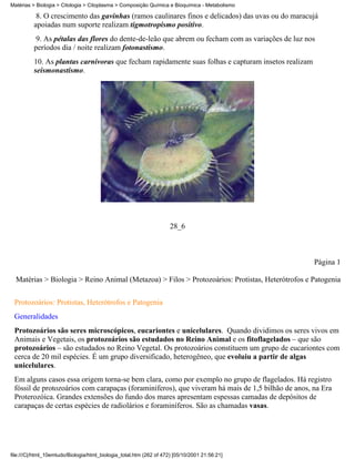 Matérias > Biologia > Citologia > Citoplasma > Composição Química e Bioquímica - Metabolismo

           8. O crescimento das gavinhas (ramos caulinares finos e delicados) das uvas ou do maracujá
          apoiadas num suporte realizam tigmotropismo positivo.
           9. As pétalas das flores do dente-de-leão que abrem ou fecham com as variações de luz nos
          períodos dia / noite realizam fotonastismo.
          10. As plantas carnívoras que fecham rapidamente suas folhas e capturam insetos realizam
          seismonastismo.




                                                                     28_6



                                                                                                     Página 1

  Matérias > Biologia > Reino Animal (Metazoa) > Filos > Protozoários: Protistas, Heterótrofos e Patogenia


 Protozoários: Protistas, Heterótrofos e Patogenia
 Generalidades
 Protozoários são seres microscópicos, eucariontes e unicelulares. Quando dividimos os seres vivos em
 Animais e Vegetais, os protozoários são estudados no Reino Animal e os fitoflagelados – que são
 protozoários – são estudados no Reino Vegetal. Os protozoários constituem um grupo de eucariontes com
 cerca de 20 mil espécies. É um grupo diversificado, heterogêneo, que evoluiu a partir de algas
 unicelulares.
 Em alguns casos essa origem torna-se bem clara, como por exemplo no grupo de flagelados. Há registro
 fóssil de protozoários com carapaças (foraminíferos), que viveram há mais de 1,5 bilhão de anos, na Era
 Proterozóica. Grandes extensões do fundo dos mares apresentam espessas camadas de depósitos de
 carapaças de certas espécies de radiolários e foraminíferos. São as chamadas vasas.




file:///C|/html_10emtudo/Biologia/html_biologia_total.htm (262 of 472) [05/10/2001 21:56:21]
 