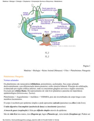 Matérias > Biologia > Citologia > Citoplasma > Composição Química e Bioquímica - Metabolismo




                                                                     32_2
                                                                     32_2



                                                                                                        Página 1

                                  Matérias > Biologia > Reino Animal (Metazoa) > Filos > Platielmintes: Patogenia


 Platielmintes: Patogenia
 Vermes achatados
 Os platelmintos são metazoários triblásticos, protostômios, acelomados. Seu corpo achatado
 dorsiventralmente, com diferenciação ântero-posterior, exibe simetria bilateral. Princípio de cefalização,
 evidenciado por região cefálica anterior, onde se concentram gânglios nervosos e órgãos sensoriais.
 Excreção por células-flama. Há representantes de vida livre (planária) e parasitas de importância
 epidemiológica (Schistosoma; Taenia).
 Platielmintes + Asquielmintes + Anelídeos = VERMES, pois são invertebrados de corpo longo e sem
 membros locomotores.
 O corpo é recoberto por epiderme simples e pode apresentar cutícula (parasitas) ou cílios (vida livre).
 O tubo digestivo é incompleto (ausência de ânus) ou inexistente (parasitas).
 A troca de gases (respiração) é feita por difusão simples através da epiderme.
 São de vida livre nos mares, rios (Dugesia sp), lagos (Planaria sp) , terra úmida (Geoplana sp). Podem ser

file:///C|/html_10emtudo/Biologia/html_biologia_total.htm (288 of 472) [05/10/2001 21:56:22]
 