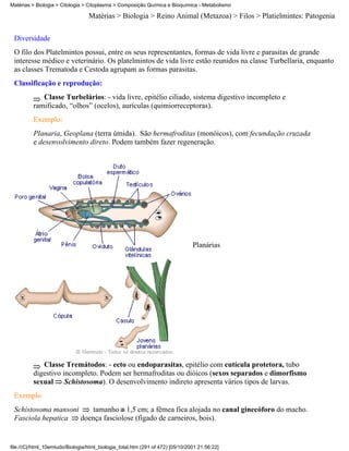 Matérias > Biologia > Citologia > Citoplasma > Composição Química e Bioquímica - Metabolismo

                                  Matérias > Biologia > Reino Animal (Metazoa) > Filos > Platielmintes: Patogenia


 Diversidade
 O filo dos Platelmintos possui, entre os seus representantes, formas de vida livre e parasitas de grande
 interesse médico e veterinário. Os platelmintos de vida livre estão reunidos na classe Turbellaria, enquanto
 as classes Trematoda e Cestoda agrupam as formas parasitas.
 Classificação e reprodução:
             Classe Turbelários: - vida livre, epitélio ciliado, sistema digestivo incompleto e
          ramificado, “olhos” (ocelos), aurículas (quimiorreceptoras).
          Exemplo:
          Planaria, Geoplana (terra úmida). São hermafroditas (monóicos), com fecundação cruzada
          e desenvolvimento direto. Podem também fazer regeneração.




                                                                                Planárias




             Classe Tremátodos: - ecto ou endoparasitas, epitélio com cutícula protetora, tubo
          digestivo incompleto. Podem ser hermafroditas ou dióicos (sexos separados e dimorfismo
          sexual Schistosoma). O desenvolvimento indireto apresenta vários tipos de larvas.
 Exemplo
 Schistosoma mansoni     tamanho 1,5 cm; a fêmea fica alojada no canal ginecóforo do macho.
 Fasciola hepatica   doença fasciolose (fígado de carneiros, bois).


file:///C|/html_10emtudo/Biologia/html_biologia_total.htm (291 of 472) [05/10/2001 21:56:22]
 