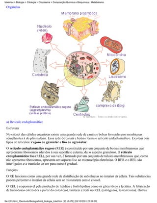 Matérias > Biologia > Citologia > Citoplasma > Composição Química e Bioquímica - Metabolismo

 Organelas




 a) Retículo endoplasmático
 Estrutura
 No citosol das células eucariotas existe uma grande rede de canais e bolsas formadas por membranas
 semelhantes à do plasmalema. Essa rede de canais e bolsas forma o retículo endoplasmático. Existem dois
 tipos de retículos: rugoso ou granular e liso ou agranular.
 O retículo endoplasmático rugoso (RER) é constituído por um conjunto de bolsas membranosas que
 apresentam ribossomos aderidos à sua superfície externa, daí o aspecto granuloso. O retículo
 endoplasmático liso (REL), por sua vez, é formado por um conjunto de túlulos membranosos que, como
 não apresenta ribossomos, apresenta um aspecto liso ao microscópio eletrônico. O RER e o REL são
 interligados e a transição de um para outro é gradual.
 Funções
 O RE funciona como uma grande rede de distribuição de substâncias no interior da célula. Tais substâncias
 podem percorrer o interior da célula sem se misturarem com o citosol.
 O REL é responsável pela produção de lipídios e fosfolipídios como os glicerídeos a lecitina. A fabricação
 de hormônios esteróides a partir do colesterol, também é feita no REL (estrógenos, testosterona). Outras


file:///C|/html_10emtudo/Biologia/html_biologia_total.htm (30 of 472) [05/10/2001 21:56:09]
 