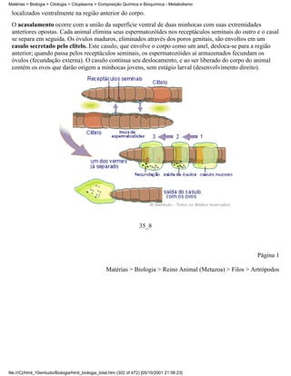 Matérias > Biologia > Citologia > Citoplasma > Composição Química e Bioquímica - Metabolismo

 localizados ventralmente na região anterior do corpo.
 O acasalamento ocorre com a união da superfície ventral de duas minhocas com suas extremidades
 anteriores opostas. Cada animal elimina seus espermatozóides nos receptáculos seminais do outro e o casal
 se separa em seguida. Os óvulos maduros, eliminados através dos poros genitais, são envoltos em um
 casulo secretado pelo clitelo. Este casulo, que envolve o corpo como um anel, desloca-se para a região
 anterior; quando passa pelos receptáculos seminais, os espermatozóides aí armazenados fecundam os
 óvulos (fecundação externa). O casulo continua seu deslocamento, e ao ser liberado do corpo do animal
 contém os ovos que darão origem a minhocas jovens, sem estágio larval (desenvolvimento direito).




                                                                     35_8



                                                                                                           Página 1

                                                   Matérias > Biologia > Reino Animal (Metazoa) > Filos > Artrópodos




file:///C|/html_10emtudo/Biologia/html_biologia_total.htm (302 of 472) [05/10/2001 21:56:23]
 