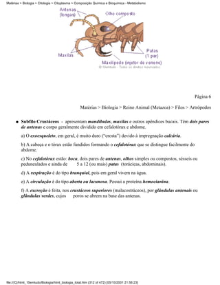 Matérias > Biologia > Citologia > Citoplasma > Composição Química e Bioquímica - Metabolismo




                                                                                                           Página 6

                                                   Matérias > Biologia > Reino Animal (Metazoa) > Filos > Artrópodos

      q   Subfilo Crustáceos - apresentam mandíbulas, maxilas e outros apêndices bucais. Têm dois pares
          de antenas e corpo geralmente dividido em cefalotórax e abdome.
          a) O exoesqueleto, em geral, é muito duro (“crosta”) devido à impregnação calcária.
          b) A cabeça e o tórax estão fundidos formando o cefalotórax que se distingue facilmente do
          abdome.
          c) No cefalotórax estão: boca, dois pares de antenas, olhos simples ou compostos, sésseis ou
          pedunculados e ainda de      5 a 12 (ou mais) patas (torácicas, abdominais).
          d) A respiração é do tipo branquial, pois em geral vivem na água.
          e) A circulação é do tipo aberta ou lacunosa. Possui a proteína hemocianina.
          f) A excreção é feita, nos crustáceos superiores (malacostráceos), por glândulas antenais ou
          glândulas verdes, cujos     poros se abrem na base das antenas.




file:///C|/html_10emtudo/Biologia/html_biologia_total.htm (312 of 472) [05/10/2001 21:56:23]
 