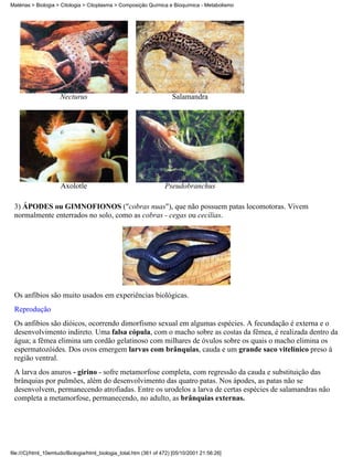 Matérias > Biologia > Citologia > Citoplasma > Composição Química e Bioquímica - Metabolismo




                     Necturus                                         Salamandra




                     Axolotle                                      Pseudobranchus

 3) ÁPODES ou GIMNOFIONOS ("cobras nuas"), que não possuem patas locomotoras. Vivem
 normalmente enterrados no solo, como as cobras - cegas ou cecílias.




 Os anfíbios são muito usados em experiências biológicas.
 Reprodução
 Os anfibios são dióicos, ocorrendo dimorfismo sexual em algumas espécies. A fecundação é externa e o
 desenvolvimento indireto. Uma falsa cópula, com o macho sobre as costas da fêmea, é realizada dentro da
 água; a fêmea elimina um cordão gelatinoso com milhares de óvulos sobre os quais o macho elimina os
 espermatozóides. Dos ovos emergem larvas com brânquias, cauda e um grande saco vitelínico preso à
 região ventral.
 A larva dos anuros - girino - sofre metamorfose completa, com regressão da cauda e substituição das
 brânquias por pulmões, além do desenvolvimento das quatro patas. Nos ápodes, as patas não se
 desenvolvem, permanecendo atrofiadas. Entre os urodelos a larva de certas espécies de salamandras não
 completa a metamorfose, permanecendo, no adulto, as brânquias externas.




file:///C|/html_10emtudo/Biologia/html_biologia_total.htm (361 of 472) [05/10/2001 21:56:26]
 