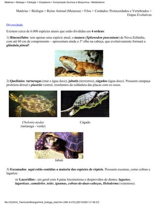 Matérias > Biologia > Citologia > Citoplasma > Composição Química e Bioquímica - Metabolismo


           Matérias > Biologia > Reino Animal (Metazoa) > Filos > Cordados: Protocordados e Vertebrados >
                                                                                        Etapas Evolutivas


 Diversidade
 Existem cerca de 6.000 espécies atuais que estão divididas em 4 ordens:
 1) Rincocéfalos: tem apenas uma espécie atual, o tuatara (Sphenodon punctatum) da Nova Zelândia,
 com até 60 cm de comprimento – apresentam ainda o 3º olho na cabeça, que evolutivamente formará a
 glândula pineal!




 2) Quelônios: tartarugas (mar e água doce), jabutis (terrestres), cágados (água doce). Possuem carapaça
 protetora dorsal e plastrão ventral, resultantes da soldadura das placas com os ossos.




                Chelonia mydas                                           Cágado
               (tartaruga - verde)




                                                 Jabuti

 3) Escamados: aqui estão contidas a maioria das espécies de répteis. Possuem escamas, como cobras e
 lagartos:
             Lacertílios:- em geral com 4 patas locomotoras e desprovidos de dentes: lagartos,
          lagartixas, camaleões, teiús, iguanas, cobras-de-duas-cabeças, Heloderma (venenoso).




file:///C|/html_10emtudo/Biologia/html_biologia_total.htm (366 of 472) [05/10/2001 21:56:27]
 