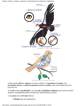 Matérias > Biologia > Citologia > Citoplasma > Composição Química e Bioquímica - Metabolismo




          c) São animais dióicos, ovíparos com casca calcária. A reprodução é sexuada, com
          fecundação interna. A união dos gametas ocorre no oviduto, antes da formação da clara e
          casca do ovo.
          d) A pele é seca, sem glândulas, com exceção da glândula uropigiana que existe em muitas
          espécies. Esta glândula produz secreção que impermeabiliza as penas.
          e) As penas são de três tipos básicos:
                  1) Rêmiges das asas (propulsão);


file:///C|/html_10emtudo/Biologia/html_biologia_total.htm (370 of 472) [05/10/2001 21:56:27]
 