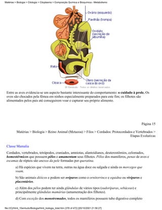 Matérias > Biologia > Citologia > Citoplasma > Composição Química e Bioquímica - Metabolismo




 Entre as aves evidencia-se um aspecto bastante interessante do comportamento: o cuidado à prole. Os
 ovos são chocados pela fêmea em ninhos especialmente preparados para este fim; os filhotes são
 alimentados pelos pais até conseguirem voar e capturar seu próprio alimento.




                                                                                                  Página 15

           Matérias > Biologia > Reino Animal (Metazoa) > Filos > Cordados: Protocordados e Vertebrados >
                                                                                        Etapas Evolutivas


 Classe Mamalia
 Cordados, vertebrados, tetrápodos, craniados, amniotas, alantoidianos, deuterostômios, celomados,
 homeotérmicos que possuem pêlos e amamentam seus filhotes. Pêlos dos mamíferos, penas de aves e
 escamas de répteis são anexos da pele formadas por queratina.
          a) Há espécies que vivem na terra, outras na água doce ou salgada e ainda os morcegos que
          voam.
          b) São animais dióicos e podem ser ovíparos como o ornitorrinco e equidna ou vivíparos e
          placentários.
          c) Além dos pêlos podem ter ainda glândulas de vários tipos (sudoríparas, sebáceas) e
          principalmente glândulas mamárias (amamentação dos filhotes).
          d) Com exceção dos monotremados, todos os mamíferos possuem tubo digestivo completo

file:///C|/html_10emtudo/Biologia/html_biologia_total.htm (376 of 472) [05/10/2001 21:56:27]
 