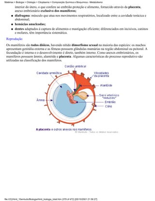 Matérias > Biologia > Citologia > Citoplasma > Composição Química e Bioquímica - Metabolismo

          interior do útero, o que confere ao embrião proteção e alimento, fornecido através da placenta,
          anexo embrionário exclusivo dos mamíferos;
      q   diafragma: músculo que atua nos movimentos respiratórios, localizado entre a cavidade torácica e
          abdominal;
      q   hemácias anucleadas;
      q   dentes adaptados à captura de alimentos e mastigação eficiente; diferenciados em incisivos, caninos
          e molares, têm importância sistemática.
 Reprodução
 Os mamíferos são todos dióicos, havendo nítido dimorfismo sexual na maioria das espécies: os machos
 apresentam genitália externa e as fêmeas possuem glândulas mamárias na região abdominal ou peitoral. A
 fecundação é interna e o desenvolvimento é direto, também interno. Como anexos embrionários, os
 mamíferos possuem âmnio, alantóide e placenta. Algumas características do processo reprodutivo são
 utilizadas na classificação dos mamíferos.




file:///C|/html_10emtudo/Biologia/html_biologia_total.htm (379 of 472) [05/10/2001 21:56:27]
 