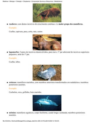 Matérias > Biologia > Citologia > Citoplasma > Composição Química e Bioquímica - Metabolismo




      q   roedores: com dentes incisivos de crescimento contínuo. é o maior grupo dos mamíferos.
          Exemplo:
          Coelho, capivara, paca, cotia, rato, castor.




      q   lagomorfos: 2 pares de incisivos desenvolvidos, para roer e 1º par adicional de incisivos superiores
          pequenos, atrás do 1º par.
          Exemplo:
          Coelho, lebre.




      q   cetáceos: mamíferos marinhos, com membros anteriores transformados em nadadeiras e membros
          posteriores ausentes.
          Exemplo:
          Cachalote, orca, golfinho, boto marinho.




      q   sirênios: mamíferos aquáticos, corpo fusiforme, cauda longa e achatada; membros posteriores
          ausentes.

file:///C|/html_10emtudo/Biologia/html_biologia_total.htm (383 of 472) [05/10/2001 21:56:27]
 