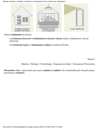 Matérias > Biologia > Citologia > Citoplasma > Composição Química e Bioquímica - Metabolismo




 Outras Leishmanias do homem:
          a) Leishmania donovani               leishmanioses viscerais: calazar indiano; leishmaniose visceral
          americana.
          b) Leishmania tropica              leishmaniose cutânea ou botão do Oriente.




                                                                                                             Página 2

                            Matérias > Biologia > Parasitologia - Programas de Saúde > Doenças por Protozoários

 Plasmodium vivax - esporozoário que causa a maleita ou malária. Ele é transmitido pelo mosquito-prego
 (pernilongo) Anopheles.




file:///C|/html_10emtudo/Biologia/html_biologia_total.htm (389 of 472) [05/10/2001 21:56:28]
 
