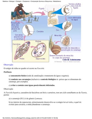 Matérias > Biologia > Citologia > Citoplasma > Composição Química e Bioquímica - Metabolismo




 Observação
 O estágio de rédia no quadro só ocorre na Fasciola.
 Profilaxia
          a) saneamento básico (rede de canalização e tratamento de água e esgotos);
          b) combate aos caramujos (inclusive o controle biológico                             peixes que se alimentam do
          caramujo, por exemplo).
          c) evitar o contato com águas possivelmente infestadas.
 Observação
 A Fasciola hepatica, causadora da fasciolose em bois e carneiros, tem um ciclo semelhante ao da Taenia,
 porém:
          a) o caramujo (H.I.) é do gênero Lymnaea.
          b) no interior do esporocisto, primeiramente desenvolve-se o estágio larval rédia, o qual irá
          evoluir para cercária, e então,abandonar o caramujo.




file:///C|/html_10emtudo/Biologia/html_biologia_total.htm (405 of 472) [05/10/2001 21:56:29]
 