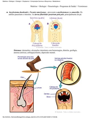 Matérias > Biologia > Citologia > Citoplasma > Composição Química e Bioquímica - Metabolismo


                                               Matérias > Biologia > Parasitologia - Programas de Saúde > Verminoses

      q   Ancylostoma duodenale e Necator americanus - provocam a ancilostomose ou amarelão. Os
          adultos parasitam o intestino. As larvas filarióides penetram pela pele, principalmente do pé.




                  Sintomas: dermatites; ulcerações intestinais com hemorragias, diarréia, geofagia,
                  anemia (anóxia), enfraquecimento, depressão mental.




file:///C|/html_10emtudo/Biologia/html_biologia_total.htm (410 of 472) [05/10/2001 21:56:29]
 