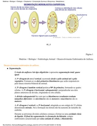 Matérias > Biologia > Citologia > Citoplasma > Composição Química e Bioquímica - Metabolismo




                                                                     46_4



                                                                                                      Página 1

                         Matérias > Biologia > Embriologia Animal > Desenvolvimento Embrionário do Anfioxo


 Desenvolvimento embrionário do anfioxo.
    q Segmentação.

                  O óvulo do anfioxo é do tipo oligolécito e apresenta segmentação total, quase
                  igual.
                  A 1a clivagem do ovo é vertical, ocorrendo desde o pólo animal até o pólo
                  vegetativo. Formam-se os dois primeiros blastômeros que serão responsáveis
                  pela futura simetria bilateral do animal.
                  A 2a clivagem é também vertical porém a 90o da primeira, formando-se quatro
                  células. A 3a clivagem é horizontal, subequatorial e perpendicular aos dois
                  planos anteriores de divisão, originando-se oito células.
                  A divisão subequatorial faz com que os blastômeros resultantes tenham
                  tamanhos diferentes: os micrômeros são os menores e macrômeros são os
                  maiores.
                  A 4a clivagem é vertical e a 5a horizontal, atingindo-se um estágio de 32 células
                  denominado mórula. Até a formação da mórula não há aumento de tamanho do
                  embrião.
                  Durante as próximas divisões celulares começa a formar-se uma cavidade cheia
                  de líquido. O final da segmentação é a formação da blástula, estágio
                  embrionário caracterizado por uma camada de célula, a blastoderme,

file:///C|/html_10emtudo/Biologia/html_biologia_total.htm (416 of 472) [05/10/2001 21:56:30]
 
