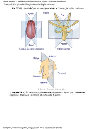 Matérias > Biologia > Citologia > Citoplasma > Composição Química e Bioquímica - Metabolismo

 Características para classificação dos animais pluricelulares:
          1. SIMETRIA             radial (fixos ou sésseis) ou bilateral (locomoção: nadar, caminhar).




          2. SEGMENTAÇÃO (metameria) homônoma (segmentos "iguais") ou heterônoma
          (segmentos diferentes). Favorecem a flexibilidade do corpo.




file:///C|/html_10emtudo/Biologia/html_biologia_total.htm (423 of 472) [05/10/2001 21:56:30]
 
