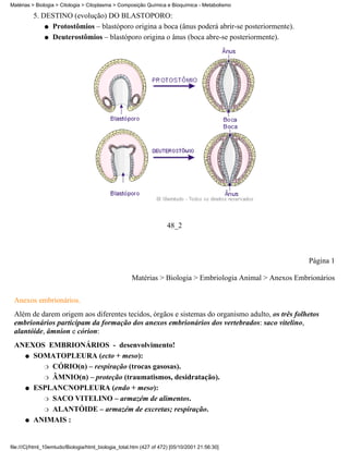 Matérias > Biologia > Citologia > Citoplasma > Composição Química e Bioquímica - Metabolismo

          5. DESTINO (evolução) DO BLASTÓPORO:
              q Protostômios – blastóporo origina a boca (ânus poderá abrir-se posteriormente).

              q Deuterostômios – blastóporo origina o ânus (boca abre-se posteriormente).




                                                                     48_2



                                                                                                           Página 1

                                                     Matérias > Biologia > Embriologia Animal > Anexos Embrionários


 Anexos embrionários.
 Além de darem origem aos diferentes tecidos, órgãos e sistemas do organismo adulto, os três folhetos
 embrionários participam da formação dos anexos embrionários dos vertebrados: saco vitelino,
 alantóide, âmnion e córion:
 ANEXOS EMBRIONÁRIOS - desenvolvimento!
   q SOMATOPLEURA (ecto + meso):

       r CÓRIO(n) – respiração (trocas gasosas).

       r ÂMNIO(n) – proteção (traumatismos, desidratação).

   q ESPLANCNOPLEURA (endo + meso):

       r SACO VITELINO – armazém de alimentos.

       r ALANTÓIDE – armazém de excretas; respiração.

   q ANIMAIS :




file:///C|/html_10emtudo/Biologia/html_biologia_total.htm (427 of 472) [05/10/2001 21:56:30]
 