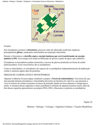 Matérias > Biologia > Citologia > Citoplasma > Composição Química e Bioquímica - Metabolismo




 Funções
 Nos cloroplastos acontece a fotossíntese, processo onde são fabricadas moléculas orgânicas,
 principalmente glicose, usada pelas mitocôndrias na respiração intracelular.
 Durante a fotossíntese a clorofila capta a energia luminosa que será transformada em energia
 química (ATP). Essa energia será usada na fabricação de glicose a partir de água e gás carbônico.
 Cloroplastos ou leucoplastos podem armazenar o excesso de glicose produzida em forma de amido
 (polissacarídeo). Esses reservatórios são os amiloplastos.
 Como as mitocôndrias, os cloroplastos são capazes de se autoduplicar independentemente da duplicação
 celular e sintetizar alguns tipos de proteínas.
 ORIGEM DE CLOROPLASTOS E MITOCÔNDRIAS
 Algumas evidências levaram alguns estudiosos a propor a Teoria da endossimbiose. Essa teoria diz que
 num passado distante cloroplastos e mitocôndrias deveriam ser bactérias de vida livre, que passaram a
 viver no interior de células eucariotas em busca de proteção, dando em troca alimento e energia para a
 célula. A estrutura dessas organelas é muito semelhante à estrutura de algumas bactérias atuais, além do
 fato dessas organelas apresentarem seu próprio DNA, RNA, ribossomos e poderem se autoduplicar.




                                                                                                        Página 10

                                       Matérias > Biologia > Citologia > Orgânulos Celulares > Funções Metabólicas




file:///C|/html_10emtudo/Biologia/html_biologia_total.htm (43 of 472) [05/10/2001 21:56:10]
 