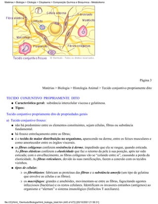Matérias > Biologia > Citologia > Citoplasma > Composição Química e Bioquímica - Metabolismo




                                                                                                        Página 3

                                    Matérias > Biologia > Histologia Animal > Tecido conjuntivo propriamente dito


 TECIDO CONJUNTIVO PROPRIAMENTE DITO
   q Característica geral: substância intercelular viscosa e gelatinosa.

   q Tipos:

 Tecido conjuntivo propriamente dito de propriedades gerais
 a) Tecido conjuntivo frouxo:
    q não há predomínio entre os elementos constituintes, sejam células, fibras ou substância
       fundamental.
    q há frouxo entrelaçamento entre as fibras;

    q é o tecido de maior distribuição no organismo, aparecendo na derme, entre os feixes musculares e
       como amortecedor entre os órgãos viscerais.
    q as fibras colágenas conferem resistência à derme, impedindo que ela se rasgue, quando esticada.
       As fibras elásticas conferem a elasticidade que faz o retorno da pele à sua posição, após ter sido
       esticada; com o envelhecimento, as fibras colágenas vão se “colando entre si”, causando a perda da
       elasticidade. As fibras reticulares, devido às suas ramificações, fazem a conexão com os tecidos
       vizinhos.
    q tipos de células:

           r os fibroblastos: fabricam as proteínas das fibras e a substância amorfa (um tipo de gelatina
              que envolve as células e as fibras).
           r os macrófagos: grandes e amebóides, movimentam-se entre as fibras, fagocitando agentes
              infecciosos (bactérias) e os restos celulares. Identificam os invasores estranhos (antígenos) ao
              organismo e “alertam” o sistema imunológico (linfócitos T auxiliares).


file:///C|/html_10emtudo/Biologia/html_biologia_total.htm (445 of 472) [05/10/2001 21:56:31]
 