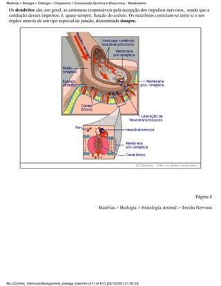 Matérias > Biologia > Citologia > Citoplasma > Composição Química e Bioquímica - Metabolismo

 Os dendritos são, em geral, as estruturas responsáveis pela recepção dos impulsos nervosos, sendo que a
 condução desses impulsos, é, quase sempre, função do axônio. Os neurônios conectam-se entre si e aos
 órgãos através de um tipo especial de junção, denominada sinapse.




                                                                                                               Página 8

                                                                Matérias > Biologia > Histologia Animal > Tecido Nervoso




file:///C|/html_10emtudo/Biologia/html_biologia_total.htm (471 of 472) [05/10/2001 21:56:33]
 