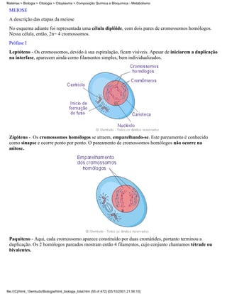 Matérias > Biologia > Citologia > Citoplasma > Composição Química e Bioquímica - Metabolismo

 MEIOSE
 A descrição das etapas da meiose
 No esquema adiante foi representada uma célula diplóide, com dois pares de cromossomos homólogos.
 Nessa célula, então, 2n= 4 cromossomos.
 Prófase I
 Leptóteno - Os cromossomos, devido à sua espiralação, ficam visíveis. Apesar de iniciarem a duplicação
 na interfase, aparecem ainda como filamentos simples, bem individualizados.




 Zigóteno - Os cromossomos homólogos se atraem, emparelhando-se. Este pareamento é conhecido
 como sinapse e ocorre ponto por ponto. O pareamento de cromossomos homólogos não ocorre na
 mitose.




 Paquíteno - Aqui, cada cromossomo aparece constituído por duas cromátides, portanto terminou a
 duplicação. Os 2 homólogos pareados mostram então 4 filamentos, cujo conjunto chamamos tétrade ou
 bivalentes.




file:///C|/html_10emtudo/Biologia/html_biologia_total.htm (55 of 472) [05/10/2001 21:56:10]
 