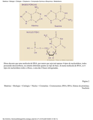 Matérias > Biologia > Citologia > Citoplasma > Composição Química e Bioquímica - Metabolismo




 Disso decorre que uma molécula de DNA, por maior que seja terá apenas 4 tipos de nucleotídeos, todos
 possuindo desoxirribose, no entanto diferindo quanto ao tipo de base. Já numa molécula de RNA, os 4
 tipos de nucleotídeos terão a ribose, e uma das 4 bases nitrogenadas.




                                                                                               Página 2

  Matérias > Biologia > Citologia > Núcleo > Cromatina - Cromossomos; DNA; RNA, Síntese de proteínas;
                                                                                            Nucléolo




file:///C|/html_10emtudo/Biologia/html_biologia_total.htm (71 of 472) [05/10/2001 21:56:11]
 