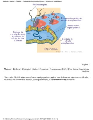 Matérias > Biologia > Citologia > Citoplasma > Composição Química e Bioquímica - Metabolismo




                                                                                               Página 7

  Matérias > Biologia > Citologia > Núcleo > Cromatina - Cromossomos; DNA; RNA, Síntese de proteínas;
                                                                                            Nucléolo

 Observação: Modificações (mutações) no código genético podem levar à síntese de proteínas modificadas,
 resultando em anomalia ou doenças, como por exemplo, a anemia falciforme (siclemia).




file:///C|/html_10emtudo/Biologia/html_biologia_total.htm (80 of 472) [05/10/2001 21:56:11]
 