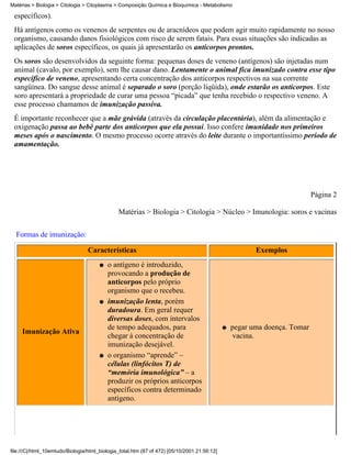 Matérias > Biologia > Citologia > Citoplasma > Composição Química e Bioquímica - Metabolismo

 específicos).
 Há antígenos como os venenos de serpentes ou de aracnídeos que podem agir muito rapidamente no nosso
 organismo, causando danos fisiológicos com risco de serem fatais. Para essas situações são indicadas as
 aplicações de soros específicos, os quais já apresentarão os anticorpos prontos.
 Os soros são desenvolvidos da seguinte forma: pequenas doses de veneno (antígenos) são injetadas num
 animal (cavalo, por exemplo), sem lhe causar dano. Lentamente o animal fica imunizado contra esse tipo
 específico de veneno, apresentando certa concentração dos anticorpos respectivos na sua corrente
 sangüínea. Do sangue desse animal é separado o soro (porção líqüida), onde estarão os anticorpos. Este
 soro apresentará a propriedade de curar uma pessoa “picada” que tenha recebido o respectivo veneno. A
 esse processo chamamos de imunização passiva.
 É importante reconhecer que a mãe grávida (através da circulação placentária), além da alimentação e
 oxigenação passa ao bebê parte dos anticorpos que ela possui. Isso confere imunidade nos primeiros
 meses após o nascimento. O mesmo processo ocorre através do leite durante o importantíssimo período de
 amamentação.




                                                                                                                            Página 2

                                               Matérias > Biologia > Citologia > Núcleo > Imunologia: soros e vacinas


  Formas de imunização:

                                  Características                                                        Exemplos
                                       q   o antígeno é introduzido,
                                           provocando a produção de
                                           anticorpos pelo próprio
                                           organismo que o recebeu.
                                       q   imunização lenta, porém
                                           duradoura. Em geral requer
                                           diversas doses, com intervalos
                                           de tempo adequados, para                           q   pegar uma doença. Tomar
     Imunização Ativa
                                           chegar à concentração de                               vacina.
                                           imunização desejável.
                                       q   o organismo “aprende” –
                                           células (linfócitos T) de
                                           “memória imunológica” – a
                                           produzir os próprios anticorpos
                                           específicos contra determinado
                                           antígeno.




file:///C|/html_10emtudo/Biologia/html_biologia_total.htm (87 of 472) [05/10/2001 21:56:12]
 