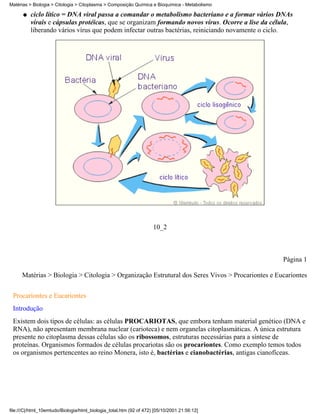 Matérias > Biologia > Citologia > Citoplasma > Composição Química e Bioquímica - Metabolismo

      q   ciclo lítico = DNA viral passa a comandar o metabolismo bacteriano e a formar vários DNAs
          virais e cápsulas protéicas, que se organizam formando novos vírus. Ocorre a lise da célula,
          liberando vários vírus que podem infectar outras bactérias, reiniciando novamente o ciclo.




                                                                     10_2



                                                                                                  Página 1

      Matérias > Biologia > Citologia > Organização Estrutural dos Seres Vivos > Procariontes e Eucariontes


 Procariontes e Eucariontes
 Introdução
 Existem dois tipos de células: as células PROCARIOTAS, que embora tenham material genético (DNA e
 RNA), não apresentam membrana nuclear (carioteca) e nem organelas citoplasmáticas. A única estrutura
 presente no citoplasma dessas células são os ribossomos, estruturas necessárias para a síntese de
 proteínas. Organismos formados de células procariotas são os procariontes. Como exemplo temos todos
 os organismos pertencentes ao reino Monera, isto é, bactérias e cianobactérias, antigas cianofíceas.




file:///C|/html_10emtudo/Biologia/html_biologia_total.htm (92 of 472) [05/10/2001 21:56:12]
 