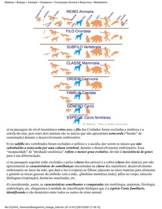 Matérias > Biologia > Citologia > Citoplasma > Composição Química e Bioquímica - Metabolismo




 a) na passagem do nível taxonômico reino para o filo dos Cordados foram excluídas a minhoca e a
 estrela-do-mar, pois estes dois animais são os únicos que não apresentam notocorda (“bastão” de
 sustentação) durante o desenvolvimento embrionário.
 b) no subfilo dos vertebrados foram excluídos o anfioxo e a ascídia, por serem os únicos que não
 substituirão a notocorda por uma coluna vertebral, durante o desenvolvimento embrionário. Essa
 “incapacidade” de “produção anatômica” reflete o menor grau evolutivo, devido à inexistência de genes
 para a sua diferenciação.
 c) na passagem seguinte estão excluídos o peixe (classe dos peixes) e a cobra (classe dos répteis), por não
 apresentarem as características de semelhanças encontradas na classe dos mamíferos: desenvolvimento
 embrionário no útero da mãe, que dará a luz (vivípara) ao filhote; placenta no útero materno para alimentar
 e garantir as trocas gasosas do embrião com a mãe; glândulas mamárias (mãe); pêlos no corpo; músculo
 diafragma (respiração); hemácias anucleadas; etc.
 d) considerando, assim, as características semelhantes e comparadas em morfologia, anatomia, fisiologia,
 embriologia, etc, chegaremos à unidade de classificação biológica que é a espécie Canis familiaris,
 identificando o cão doméstico entre todos os outros do reino animal.



file:///C|/html_10emtudo/Biologia/html_biologia_total.htm (97 of 472) [05/10/2001 21:56:12]
 