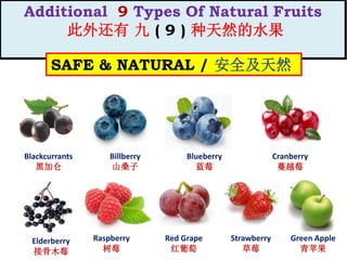 Additional 9 Types Of Natural Fruits
此外还有 九 ( 9 ) 种天然的水果
SAFE & NATURAL / 安全及天然
Billberry
山桑子
Blueberry
蓝莓
Cranberry
蔓越莓
Raspberry
树莓
Red Grape
红葡萄
Strawberry
草莓
Green Apple
青苹果
Elderberry
接骨木莓
Blackcurrants
黑加仑
 