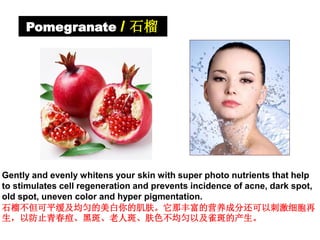 Pomegranate / 石榴
Gently and evenly whitens your skin with super photo nutrients that help
to stimulates cell regeneration and prevents incidence of acne, dark spot,
old spot, uneven color and hyper pigmentation.
石榴不但可平缓及均匀的美白你的肌肤。它那丰富的营养成分还可以刺激细胞再
生，以防止青春痘、黑斑、老人斑、肤色不均匀以及雀斑的产生。
 