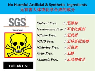 No Harmful Artificial & Synthetic Ingredients
无有害人体或化学合成的成分
•Solvent Free. / 无溶剂
•Preservative Free. / 不含防腐剂
•Gluten Free. / 无麸质
•GMO Free. / 无转基因生物
•Coloring Free. / 无色素
•Wax Free. / 无蜡
•Animals Free. / 无动物成分
Full Lab TEST
WORLDWIDE
 