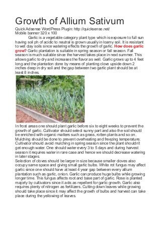 Growth of Allium Sativum 
Quick Adsense WordPress Plugin: http://quicksense.net/ 
Mobile banner 320 x 100 
Garlic is a vegetable category plant type which is exposure to full sun 
having soil ph of acidic to neutral is grown usually in loamy soil. It is resistant 
to wet clay soils since watering effects the growth of garlic. How does garlic 
grow? Garlic plantation is suitable in spring season or fall season. Fall 
season is much suitable since the harvest takes place in next summer. This 
allows garlic to dry and increases the flavor as well. Garlic grows up to 4 feet 
long and the plantation done by means of planting clove upside down 2 
inches deep in dry soil and the gap between two garlic plant should be at 
least 8 inches. 
! 
In frost areas one should plant garlic before six to eight weeks to prevent the 
growth of garlic. Cultivator should select sunny part and also the soil should 
be enriched with organic matters such as grass, rotten plants and so on. 
Mulching should be done to prevent overheating and freezing temperature. 
Cultivator should avoid mulching in spring season since the plant shouldn’t 
get enough water. One should water every 3 to 5 days and during harvest 
season it requires water in rare case and hence we should decrease watering 
in later stages. 
Selection of cloves should be larger in size because smaller cloves also 
occupy same space and giving small garlic bulbs. White rot fungus may affect 
garlic since one should have at least 4 year gap between every allium 
plantation such as garlic, onion. Garlic can produce huge bulbs while growing 
longer time. This fungus affects root and base part of garlic. Rose is planted 
majorly by cultivators since it acts as repellent for garlic growth. Garlic also 
requires plenty of nitrogen as fertilizers. Cutting down leaves while growing 
should take place since it may affect the growth of bulbs and harvest can take 
place during the yellowing of leaves. 
 