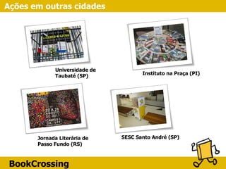 BookCrossing
Universidade de
Taubaté (SP)
SESC Santo André (SP)
Instituto na Praça (PI)
Jornada Literária de
Passo Fundo (RS)
Ações em outras cidades
 