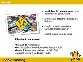 BookCrossing
Ações
▪ Multiplicação do projeto por meio
dos Pontos de BookCrossing
▪ Arrecadação, cadastro e distribuição
de livros.
▪ Criação de website brasileiro:
www.bookcrossing.com.br
▪ Encontros para troca de livros.
Libertação em massa: 
▪Festival da Mantiqueira
▪Festa Literária Internacional de Paraty – FLIP
▪Bienal Internacional do Livro de São Paulo
▪Jornada Literária de Passo Fundo.
 