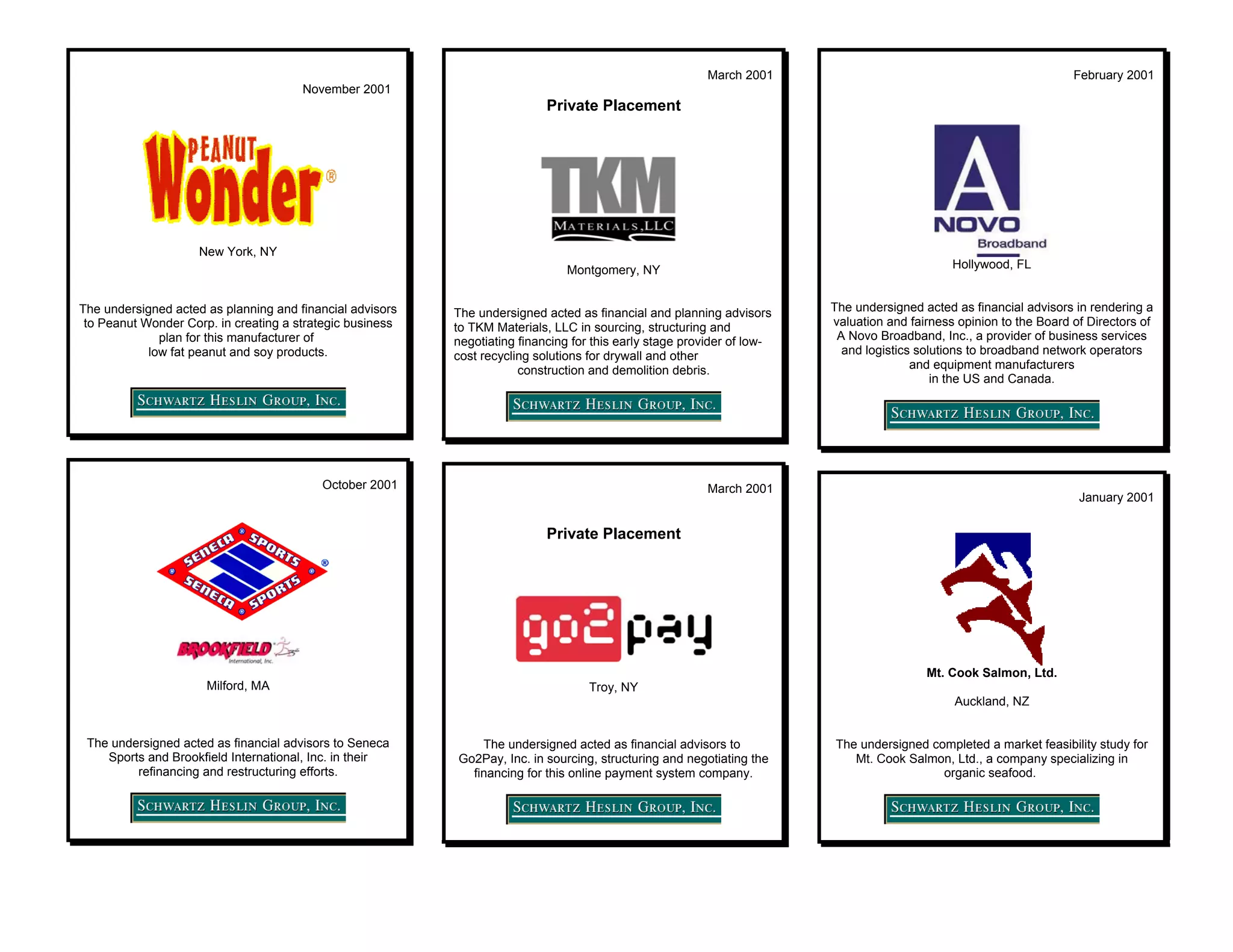 March 2001                                                 February 2001
                                       November 2001
                                                                            Private Placement




                     New York, NY
                                                                               Montgomery, NY                                                  Hollywood, FL


The undersigned acted as planning and financial advisors   The undersigned acted as financial and planning advisors      The undersigned acted as financial advisors in rendering a
 to Peanut Wonder Corp. in creating a strategic business   to TKM Materials, LLC in sourcing, structuring and            valuation and fairness opinion to the Board of Directors of
              plan for this manufacturer of                negotiating financing for this early stage provider of low-    A Novo Broadband, Inc., a provider of business services
            low fat peanut and soy products.               cost recycling solutions for drywall and other                  and logistics solutions to broadband network operators
                                                                       construction and demolition debris.                              and equipment manufacturers
                                                                                                                                            in the US and Canada.




                                          October 2001                                                    March 2001
                                                                                                                                                                      January 2001

                                                                            Private Placement




                                                                                                                                          Mt. Cook Salmon, Ltd.
                      Milford, MA                                                   Troy, NY
                                                                                                                                               Auckland, NZ


 The undersigned acted as financial advisors to Seneca         The undersigned acted as financial advisors to            The undersigned completed a market feasibility study for
    Sports and Brookfield International, Inc. in their     Go2Pay, Inc. in sourcing, structuring and negotiating the        Mt. Cook Salmon, Ltd., a company specializing in
         refinancing and restructuring efforts.              financing for this online payment system company.                             organic seafood.
 