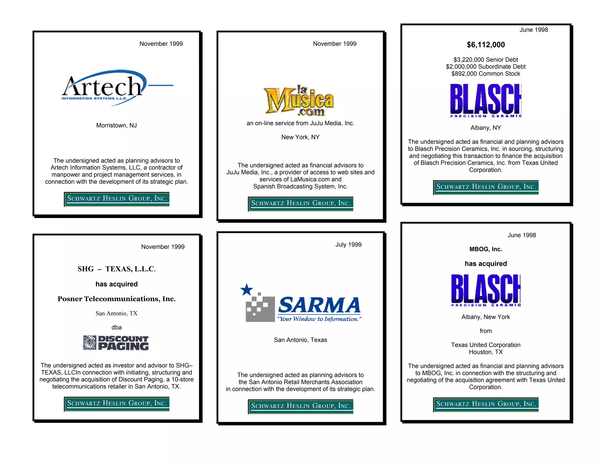 June 1998

                                       November 1999                                          November 1999                                    $6,112,000
                                                                                                                                          $3,220,000 Senior Debt
                                                                                                                                       $2,000,000 Subordinate Debt
                                                                                                                                         $892,000 Common Stock




                     Morristown, NJ                                 an on-line service from JuJu Media, Inc.
                                                                                                                                                 Albany, NY
                                                                                  New York, NY
                                                                                                                         The undersigned acted as financial and planning advisors
                                                                                                                         to Blasch Precision Ceramics, Inc. in sourcing, structuring
                                                                                                                          and negotiating this transaction to finance the acquisition
     The undersigned acted as planning advisors to                                                                         of Blasch Precision Ceramics, Inc. from Texas United
    Artech Information Systems, LLC, a contractor of            The undersigned acted as financial advisors to
                                                             JuJu Media, Inc., a provider of access to web sites and                             Corporation.
    manpower and project management services, in
  connection with the development of its strategic plan.                services of LaMusica.com and
                                                                     Spanish Broadcasting System, Inc.




                                                                                                                                                               June 1998
                                       November 1999                                                  July 1999
                                                                                                                                                MBOG, Inc.

                                                                                                                                              has acquired
              SHG – TEXAS, L.L.C.
                     has acquired

      Posner Telecommunications, Inc.

                     San Antonio, TX
                                                                                                                                             Albany, New York
                           dba
                                                                                                                                                    from
                                                                               San Antonio, Texas
                                                                                                                                         Texas United Corporation
                                                                                                                                               Houston, TX

The undersigned acted as investor and advisor to SHG–                                                                    The undersigned acted as financial and planning advisors
TEXAS, LLCIn connection with initiating, structuring and          The undersigned acted as planning advisors to             to MBOG, Inc. in connection with the structuring and
negotiating the acquisition of Discount Paging, a 10-store        the San Antonio Retail Merchants Association           negotiating of the acquisition agreement with Texas United
    telecommunications retailer in San Antonio, TX.          in connection with the development of its strategic plan.                           Corporation.
 