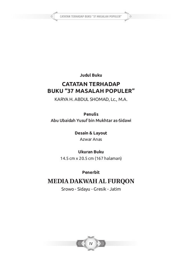 Ustadz Abu Ubaidah As Sidawiy Catatan Terhadap Buku 37 Masalah Popu