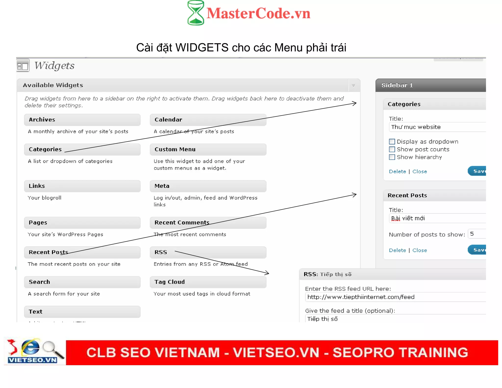 Cài đ t WIDGETS cho các Menu ph i trái
 