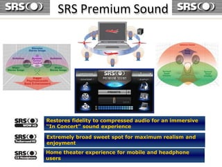 SRS Premium Sound
Restores fidelity to compressed audio for an immersive
“In Concert” sound experience
Extremely broad sweet spot for maximum realism and
enjoyment
Home theater experience for mobile and headphone
users
 
