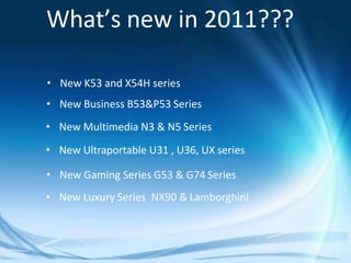 Inspiring Innovation‧Persistent Perfection
What’s new in 2011???
• New K53 and X54H series
• New Business B53&P53 Series
• New Multimedia N3 & N5 Series
• New Ultraportable U31 , U36, UX series
• New Gaming Series G53 & G74 Series
• New Luxury Series NX90 & Lamborghini
 