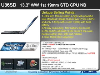 Confidential
Unique Selling Points:
1.Ultra slim 19mm system z-high with powerful
Intel standard voltage Huron River i7/ i5/ i3 CPU
and only 1.44Kg with 4 cell/ 1.66Kg with 8cell
battery.
2.All day computing: 10hr battery life (8 cell)
3.(AC part)AL-MG Alloy LCD cover & top case:
Keeps system slim, light and reliable
4. Intel 160G SSD supported
• 13.3”(16:9) HD (1366*768) LCD
• Intel® i7-2620M/i5-2520M/ i5-2410M/i3-2310M
• Intel HM65
•NV 520M 1G V-Ram + Intel® GMA HD and NV Optimustechnology
• DDR3 1333 MHz DRAM, 2 slots, up to 8 GB
•SATA HDD 320/500/640/750GB 5400 rpm; 750/500 GB 7200 rpm; Intel 160G
SSD
• Multi-touch touchpad
• 302mm Chicket keyboard
•2xUSB 2.0 , USB 3.0x1; HDMI; 5 in 1 Card- reader
• Built-in webcam 0.3M pixel
• Dimension: 328 * 238 * 19 mm
• Battery: 4cell, 44Whr, 5Hr*/ 8cell, 83Whr ,10Hr** *Mobile mark 2007 Reader mode
U36SD 13.3” WW 1st 19mm STD CPU NB
 